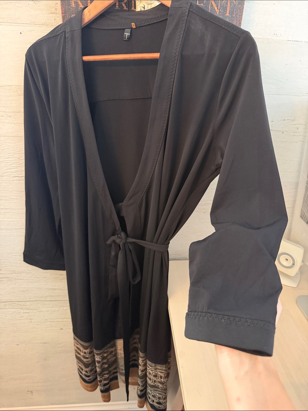 Tahari Black Tie-Waist Robe with Patterned Hem Accent